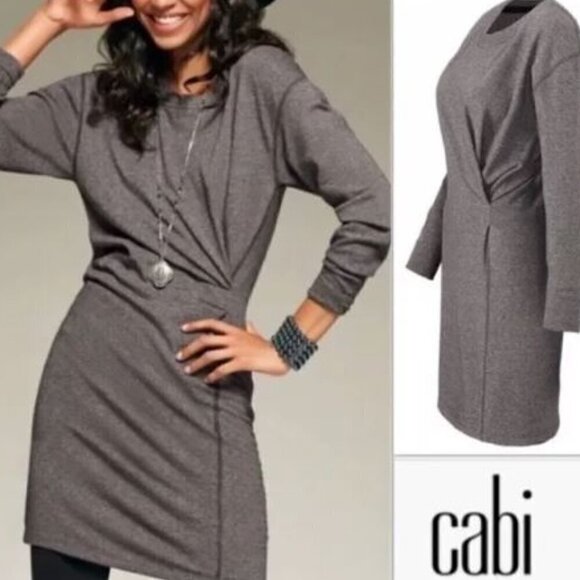 CAbi -L- "Put on Dress" Long Sleeve Ruched Gray Stretch Mini - Picture 2 of 7